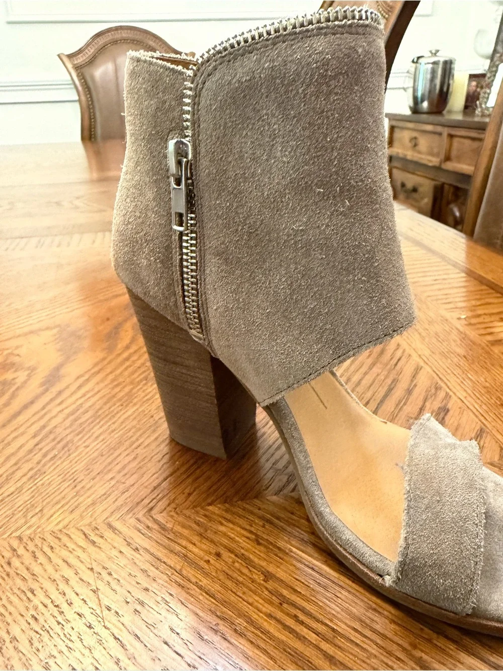 Dolce Vita Suede Open-Toe Block Heel Ankle Shoes in Taupe